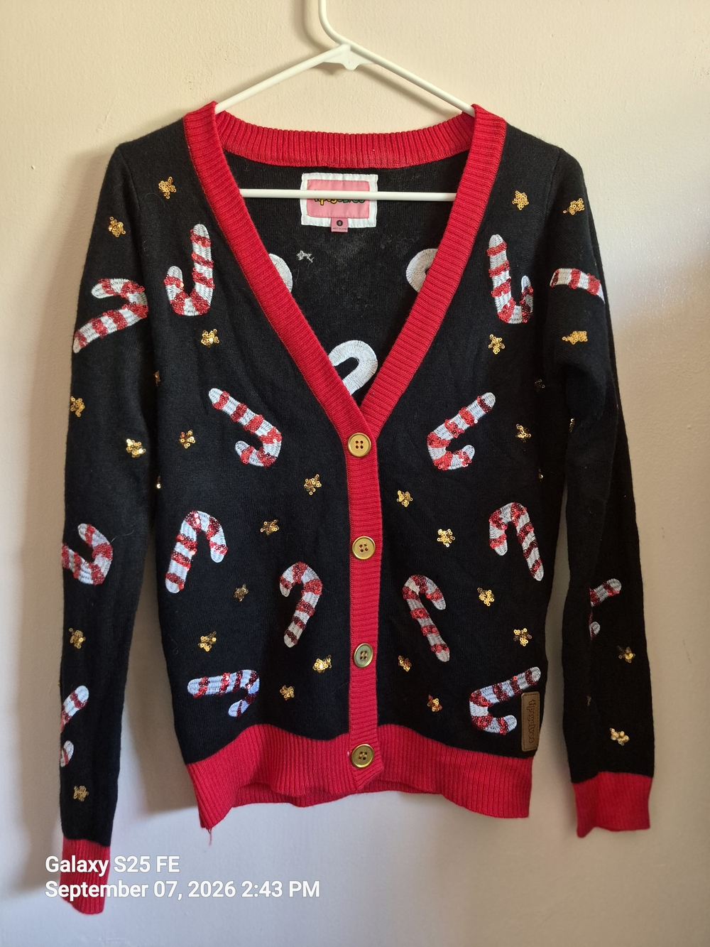 Tipsy Elves Black & Red Candy Cane Cardigan Sweater SIZE S